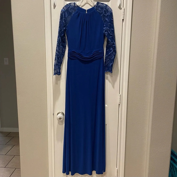 Marina Sequined Long Sleeves Cobalt Blue Evening Gown Sz 6 - Picture 1 of 11